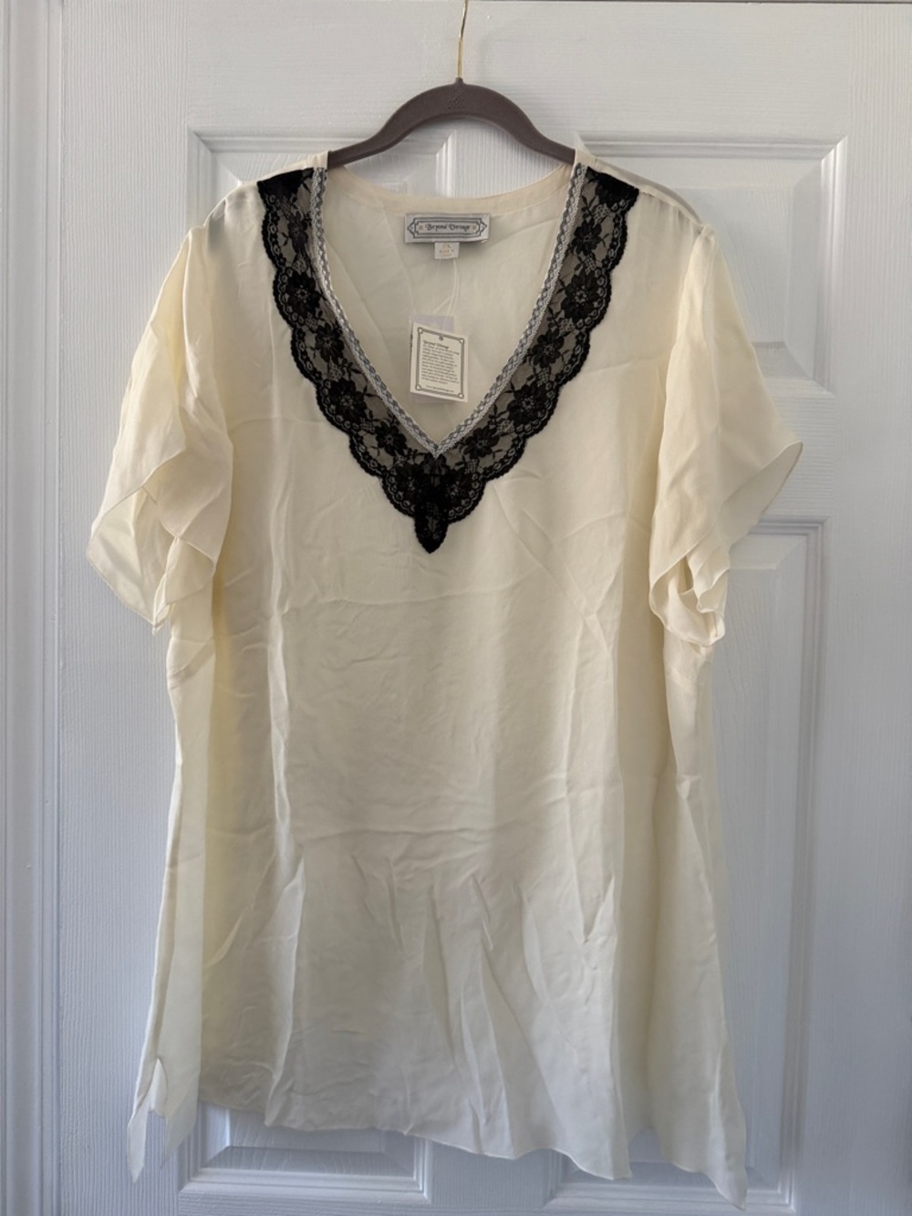 Cream V-Neck Blouse with Black Lace Trim - Women's Top